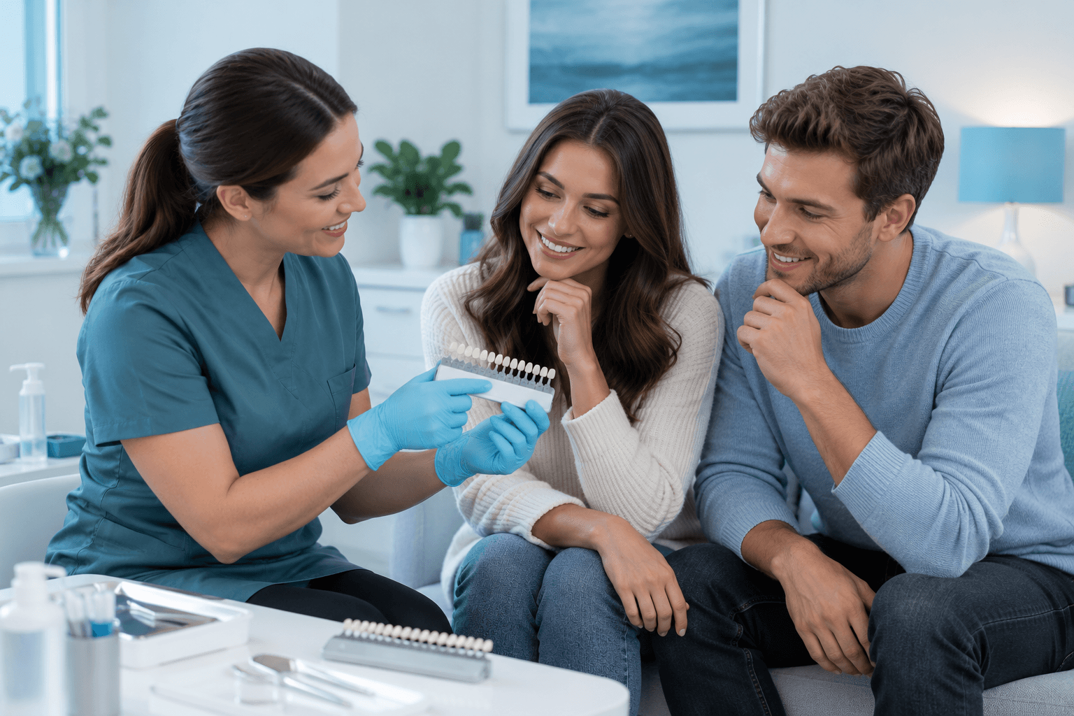 Two people sitting together during a joint teeth whitening pre-consultation