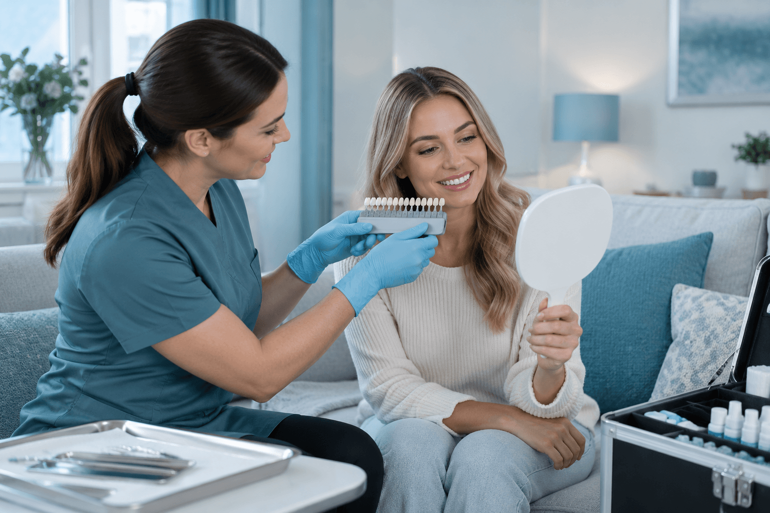 Whitening specialist carrying out a pre-consultation in a client's home