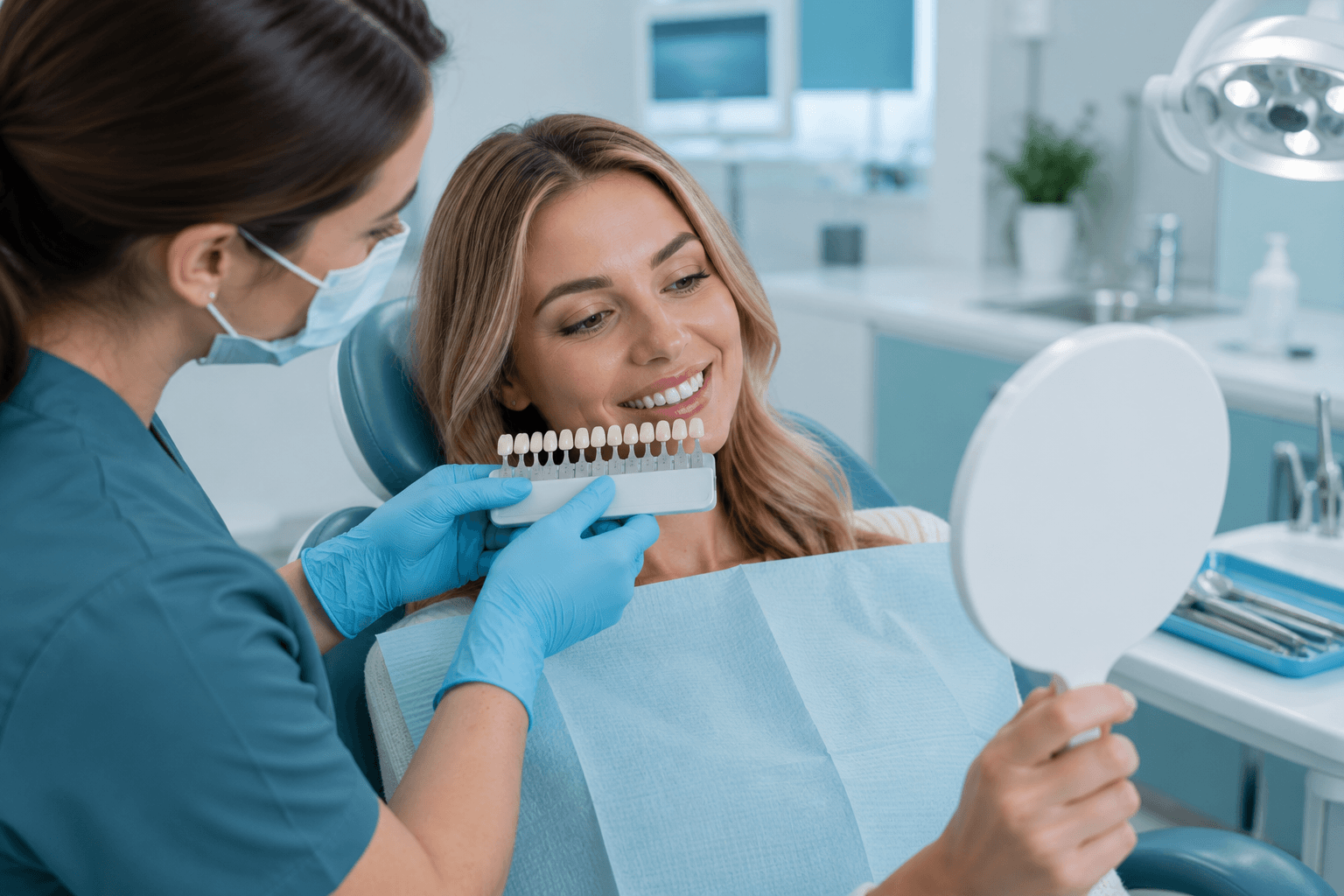 Returning client having their teeth shade checked against a shade guide